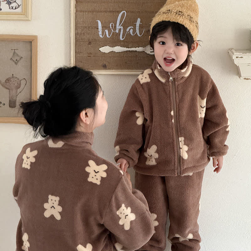 Ownkoti Bear Pattern Zip-up Child Loungewear Set - Coffee - Adult:L - image 0