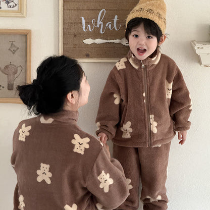 Ownkoti Bear Pattern Zip-up Child Loungewear Set - Coffee - Adult:L - image 0