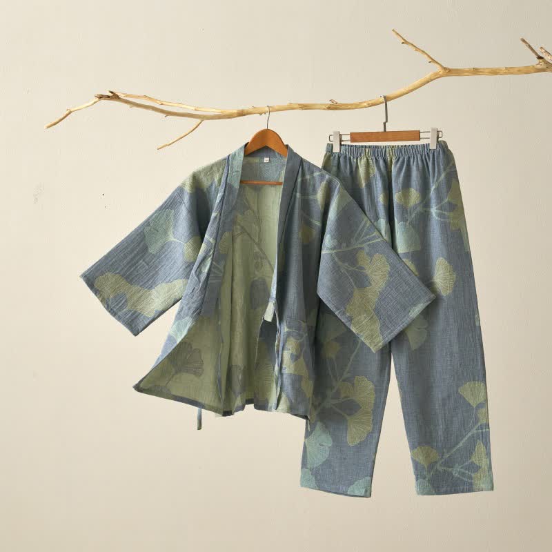 Ownkoti Ginkgo Leaf Organic Cotton Kimono Loungewear - Light Blue - XL - image 1
