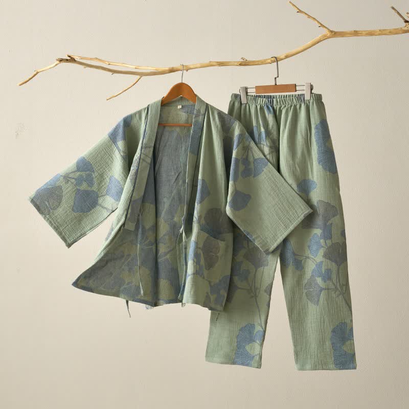 Ownkoti Ginkgo Leaf Organic Cotton Kimono Loungewear - Green - XL - image 0