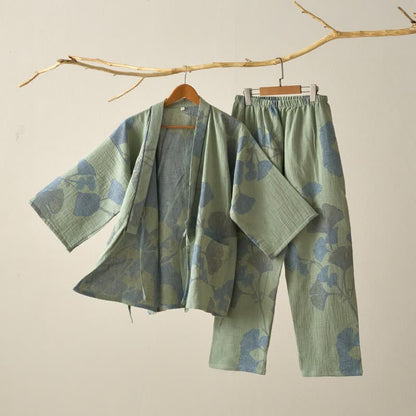 Ownkoti Ginkgo Leaf Organic Cotton Kimono Loungewear - Green - XL - image 0