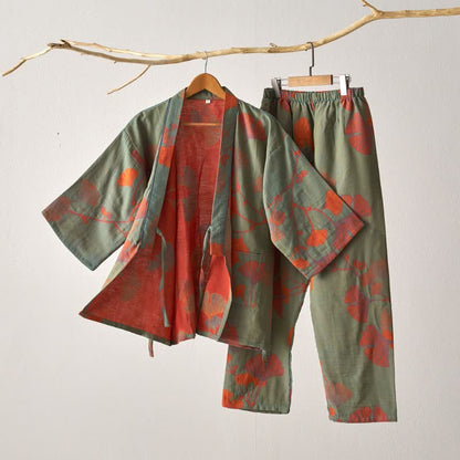 Ownkoti Large Ginkgo Leaf Cotton Kimono Pajamas - Green & Orange - XL - image 4