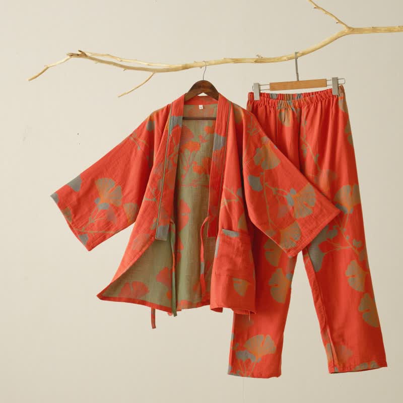 Ownkoti Large Ginkgo Leaf Cotton Kimono Pajamas - Orange - XL - image 5