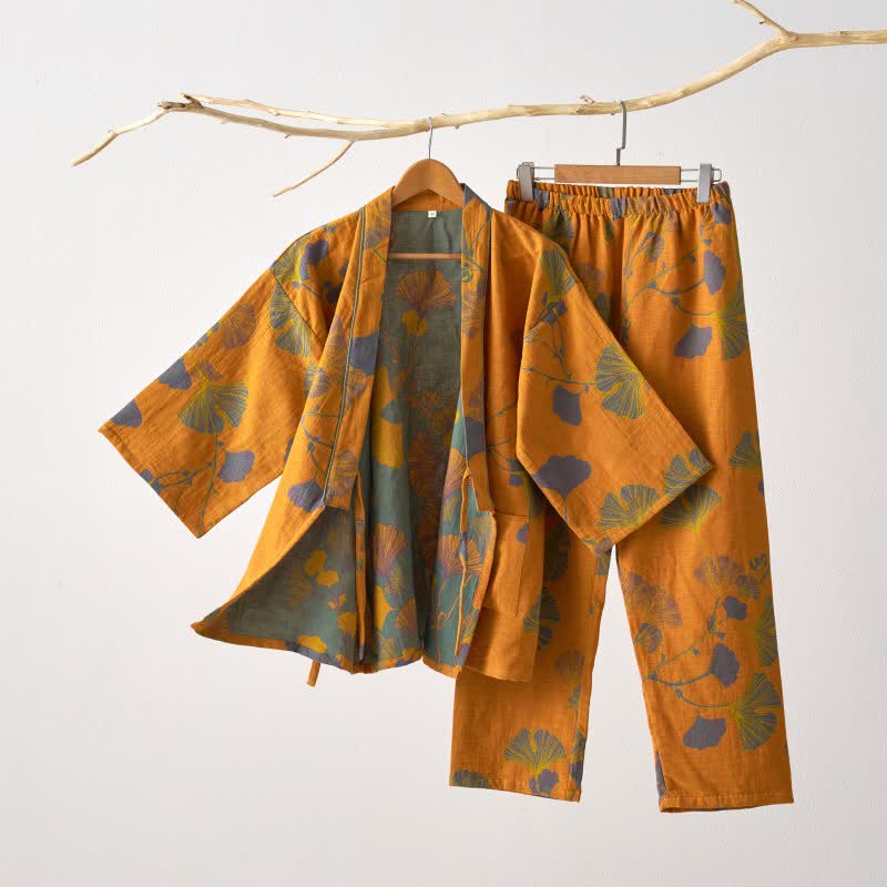 Ownkoti Large Ginkgo Leaf Cotton Kimono Pajamas - Yellow - XL - image 8