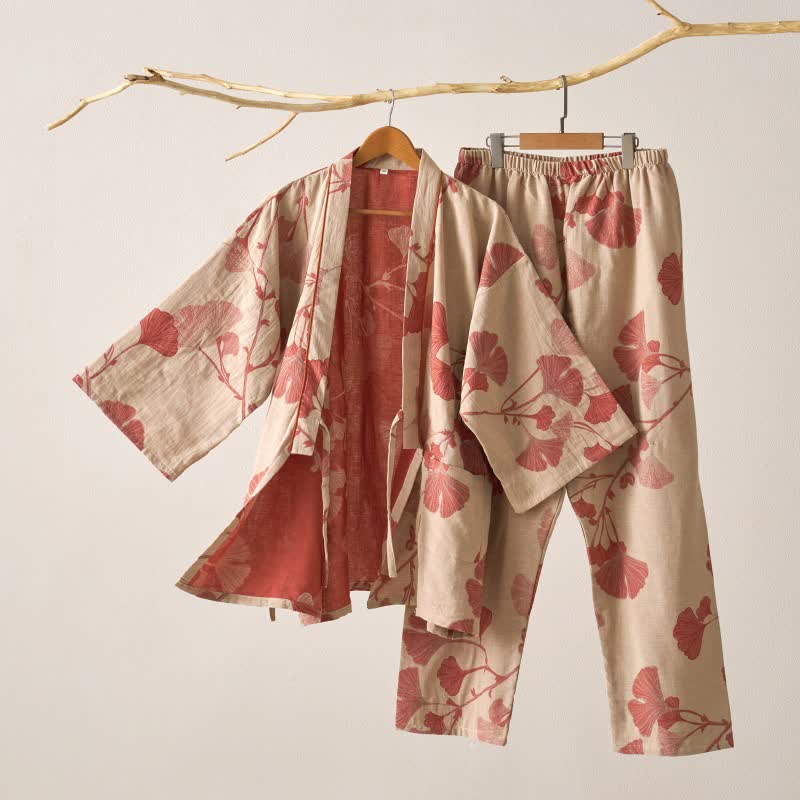 Ownkoti Large Ginkgo Leaf Cotton Kimono Pajamas - Beige & Pink - XL - image 11