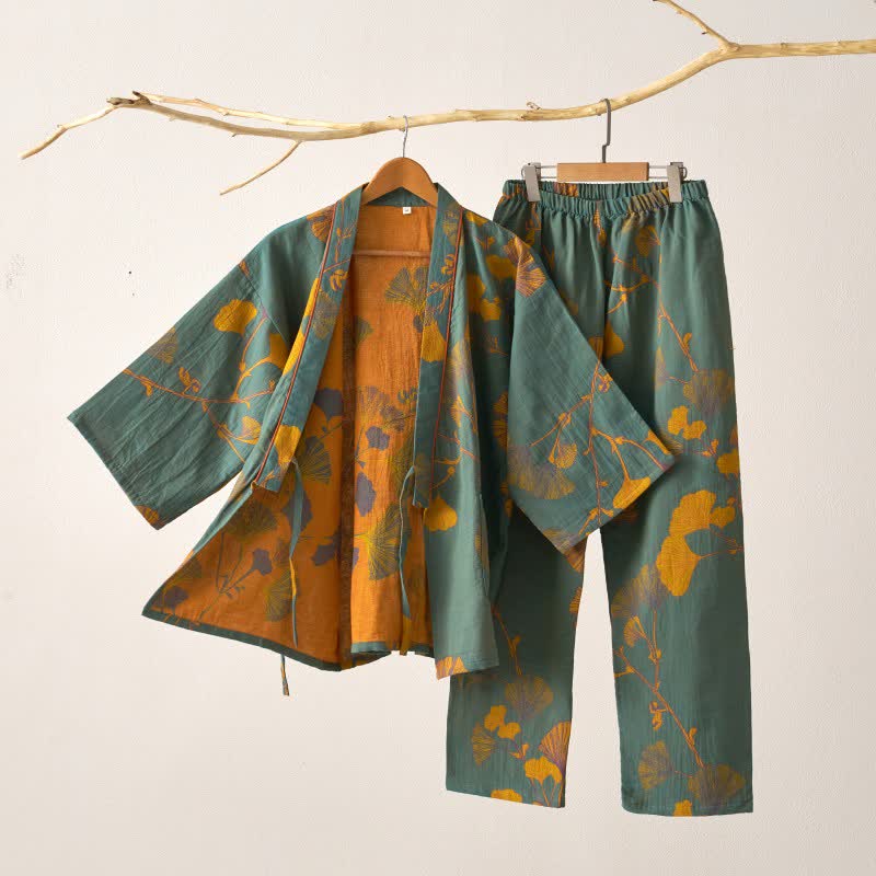 Ownkoti Large Ginkgo Leaf Cotton Kimono Pajamas - Green & Yellow - XL - image 0