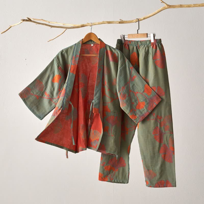Ownkoti Large Ginkgo Leaf Cotton Kimono Pajamas - Green & Orange - XL - image 1