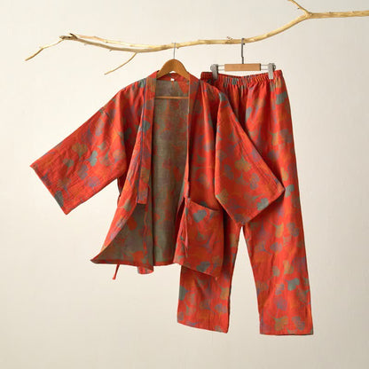 Ownkoti Ginkgo Cotton Gauze Kimono Pajama Set - Orange Red - XL - image 3