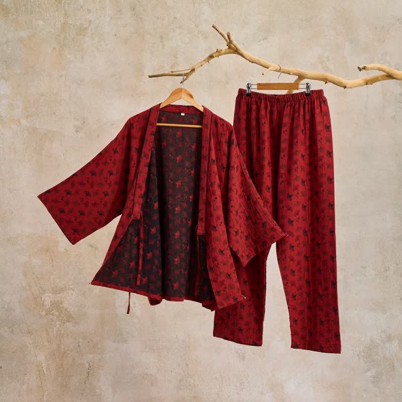 Ownkoti Ginkgo Organic Cotton Kimono Loungewear Set - Red & Black - XL - image 0