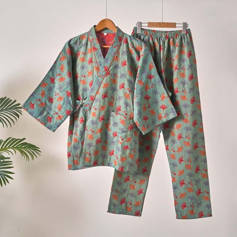 Ownkoti Ginkgo Organic Cotton Kimono Loungewear Set - Green & Red - XL - image 15