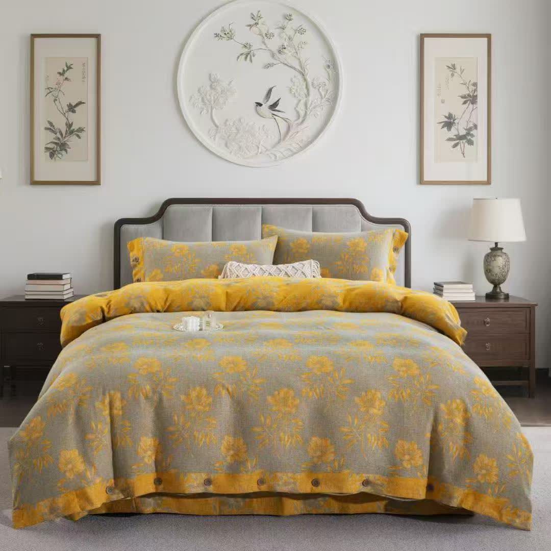 Ownkoti Floral Blossom Cotton Gauze Bedding Set(4PCS) - Khaki - King - image 5