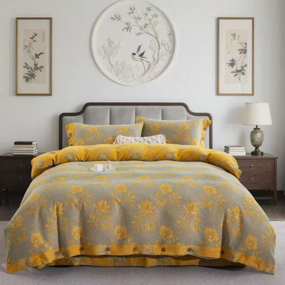 Ownkoti Floral Blossom Cotton Gauze Bedding Set(4PCS) - Khaki - King - image 5