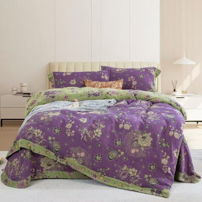 Ownkoti Peony Cotton Gauze Button Bedding Set(4PCS) - Purple - King - image 2