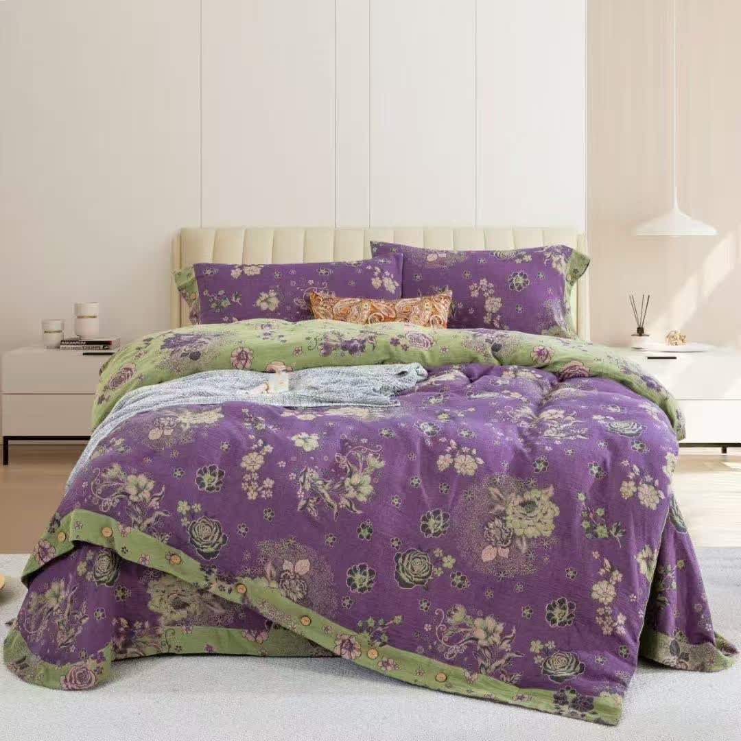 Ownkoti Peony Cotton Gauze Button Bedding Set(4PCS) - Purple - King - image 2