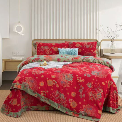 Ownkoti Peony Cotton Gauze Button Bedding Set(4PCS) - Red  - King - image 0