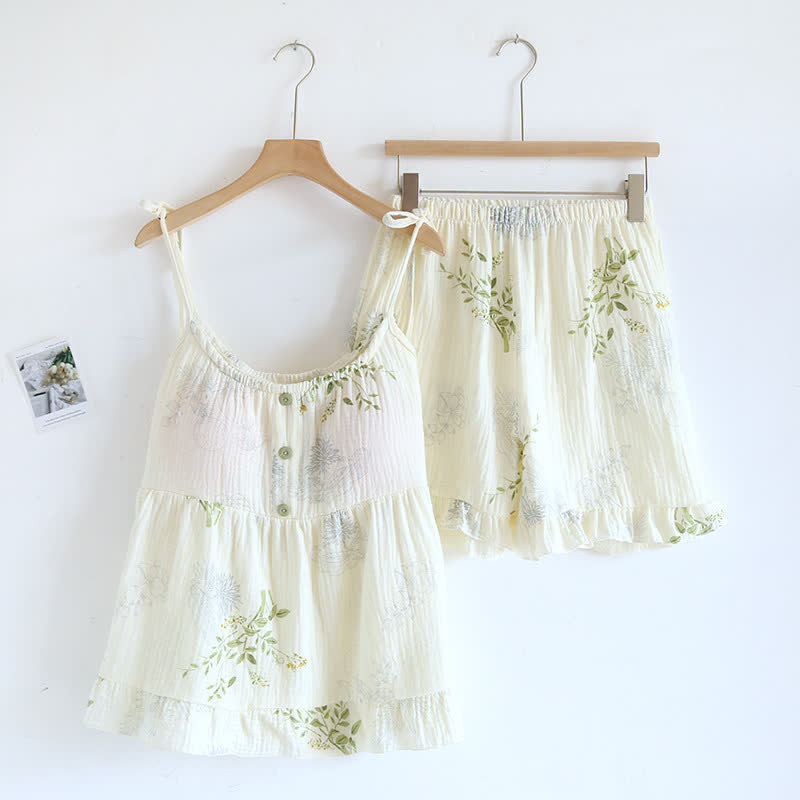 Ownkoti Leaf Print Camisole Cotton Pajama Set - Green - XL - image 0