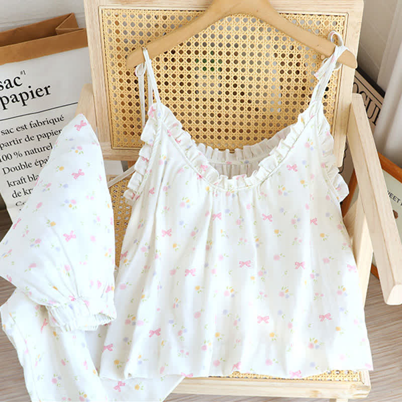 Ownkoti Bow Pattern Camisole Cotton Pajama Set - Pink - XL - image 0