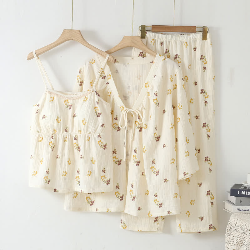 Ownkoti Rustic Style Camisole Cotton Pajama Set(3PCS) - White - XL - image 0