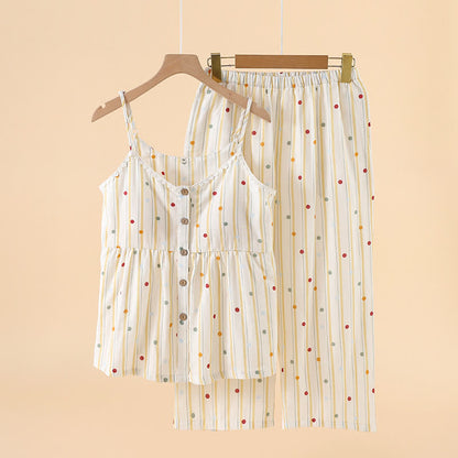 Ownkoti Striped Polka Dot Camisole Cotton Pajama Set - Light Yellow - XXL - image 1