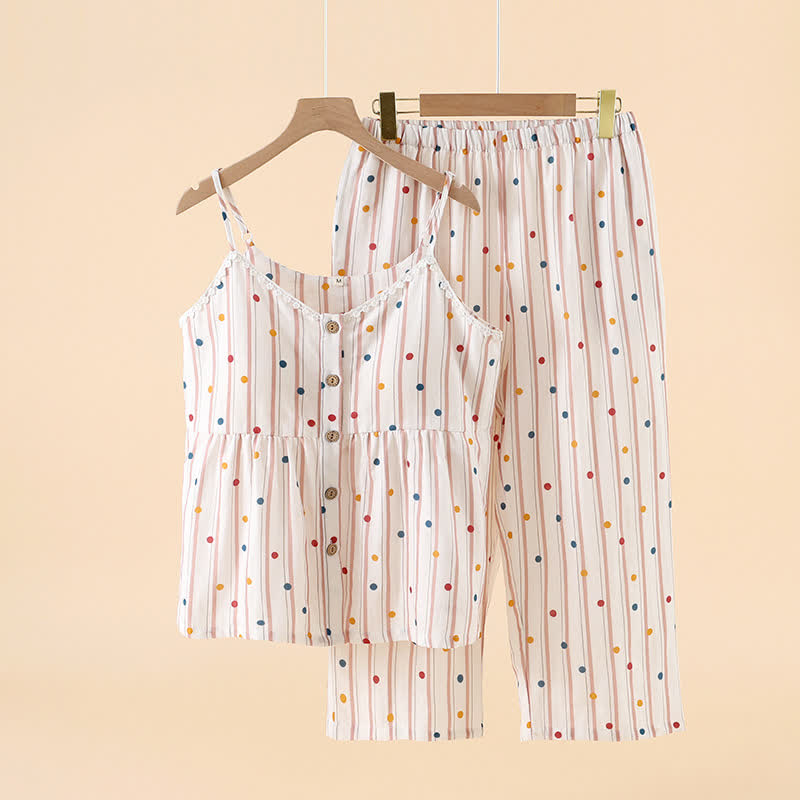 Ownkoti Striped Polka Dot Camisole Cotton Pajama Set - Light Brown - XXL - image 10