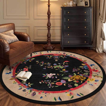 Ownkoti Luxury Chinoiserie Black Floral Round Area Rug - image 1