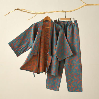 Ownkoti Ginkgo Leaf Cotton Kimono Loungewear Set - Blue - XL - image 1