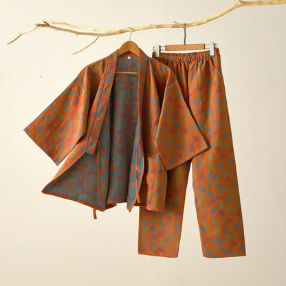 Ownkoti Ginkgo Leaf Cotton Kimono Loungewear Set - Orange - XL - image 11