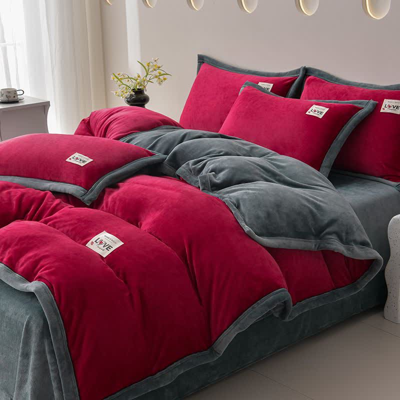 Ownkoti Reversible Warm Plush Bedding Set(4PCS) - Wine + Dark Gray - King - image 0