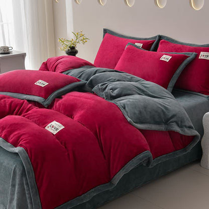 Ownkoti Reversible Warm Plush Bedding Set(4PCS) - Wine + Dark Gray - King - image 0