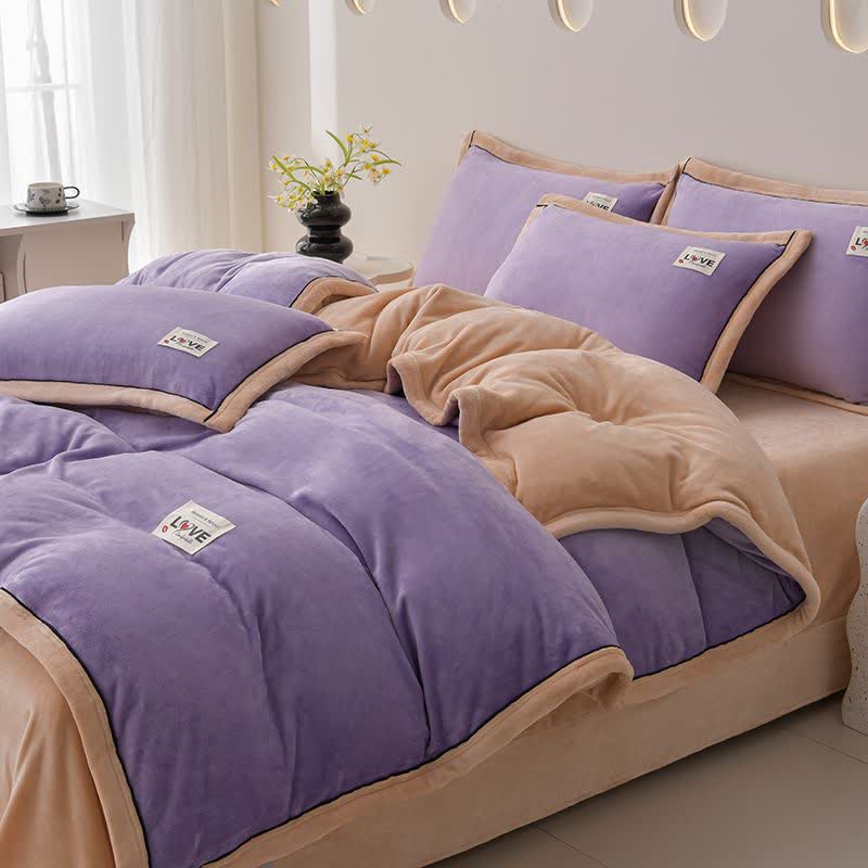 Ownkoti Reversible Warm Plush Bedding Set(4PCS) - Purple + Apricot - King - image 11
