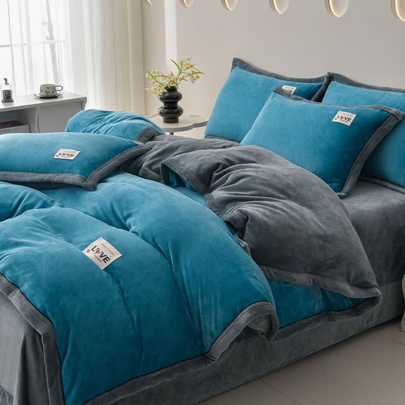 Ownkoti Reversible Warm Plush Bedding Set(4PCS) - Blue + Dark Gray - King - image 6