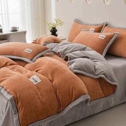 Ownkoti Reversible Warm Plush Bedding Set(4PCS) - Caramel + Light Gray - King - image 5