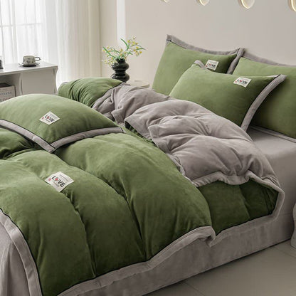 Ownkoti Reversible Warm Plush Bedding Set(4PCS) - Green + Light Gray - King - image 7