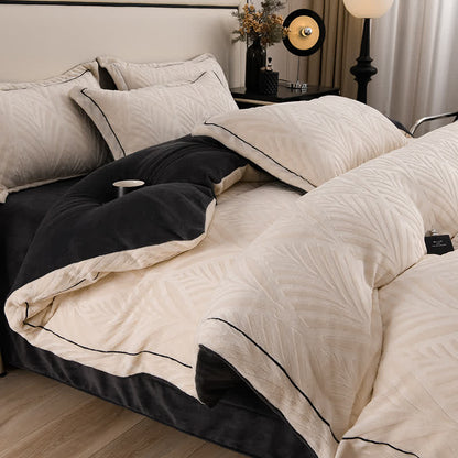 Ownkoti Leaf-inspired Textured Plush Bedding Set(4PCS) - Beige - King - image 1