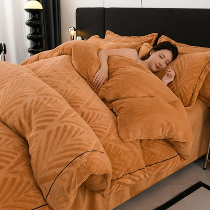 Ownkoti Leaf-inspired Textured Plush Bedding Set(4PCS) - Orange - King - image 0