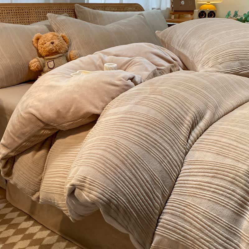 Ownkoti Vertical Striped Textured Plush Bedding Set(4PCS) - Coffee - King - image 1