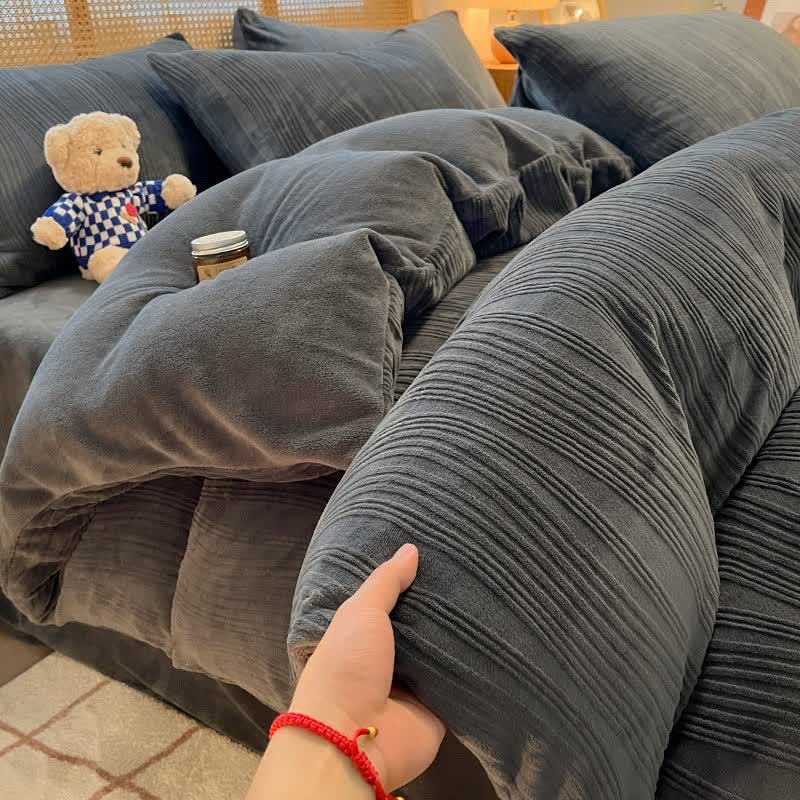 Ownkoti Vertical Striped Textured Plush Bedding Set(4PCS) - Dark Grey - King - image 5