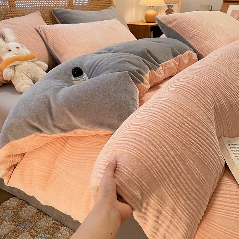 Ownkoti Vertical Striped Textured Plush Bedding Set(4PCS) - Pink & Gray - King - image 6