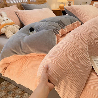 Ownkoti Vertical Striped Textured Plush Bedding Set(4PCS) - Pink & Gray - King - image 6