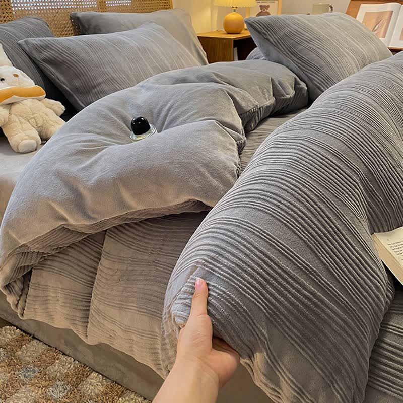 Ownkoti Vertical Striped Textured Plush Bedding Set(4PCS) - Gray - King - image 7