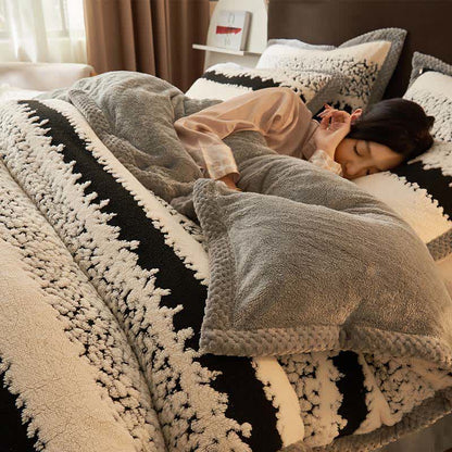 Ownkoti Artistic Style Striped Jacquard Plush Bedding - White & Black - Bedding Set - King - image 0