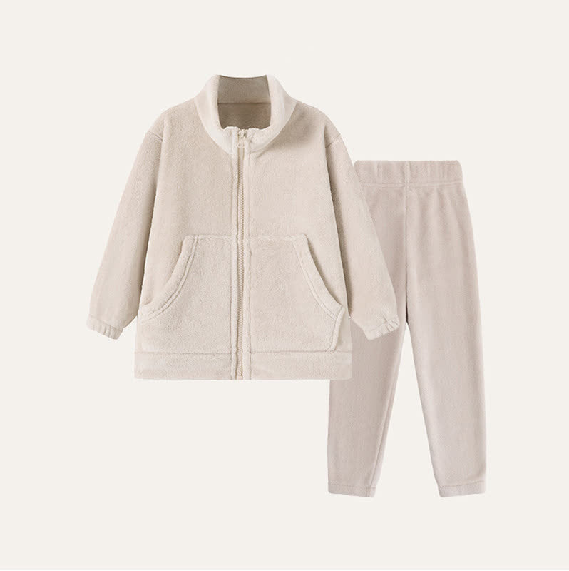 Ownkoti Solid Plush Zip-up Child Loungewear Set - Beige - Child:160cm - image 7