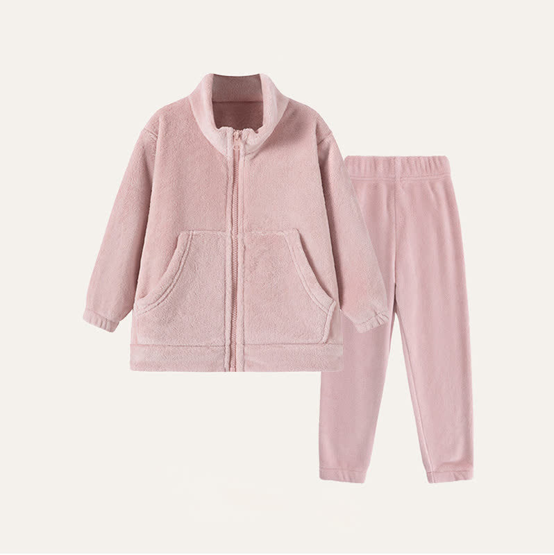 Ownkoti Solid Plush Zip-up Child Loungewear Set - Pink - Child:170cm - image 0