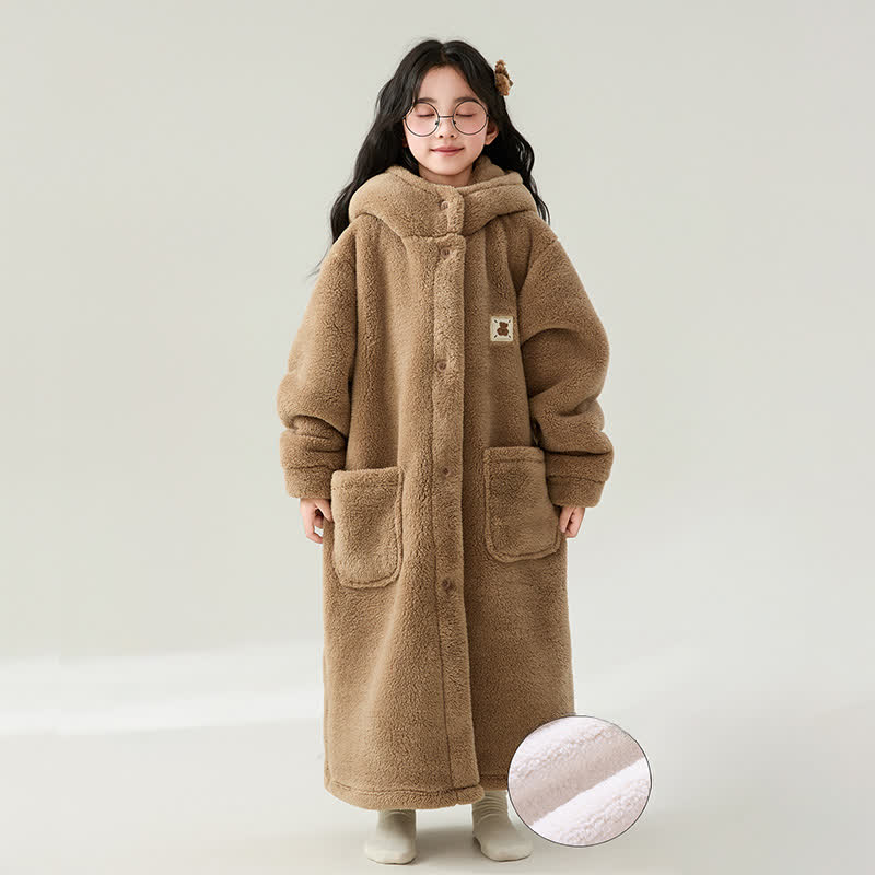 Ownkoti Solid Color Hooded Button Child Bathrobe - Coffee - Child:160-170cm - image 4