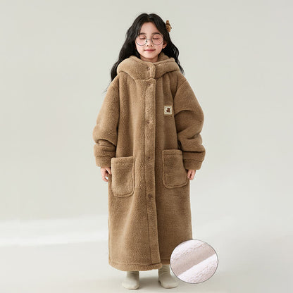 Ownkoti Solid Color Hooded Button Child Bathrobe - Coffee - Child:160-170cm - image 4