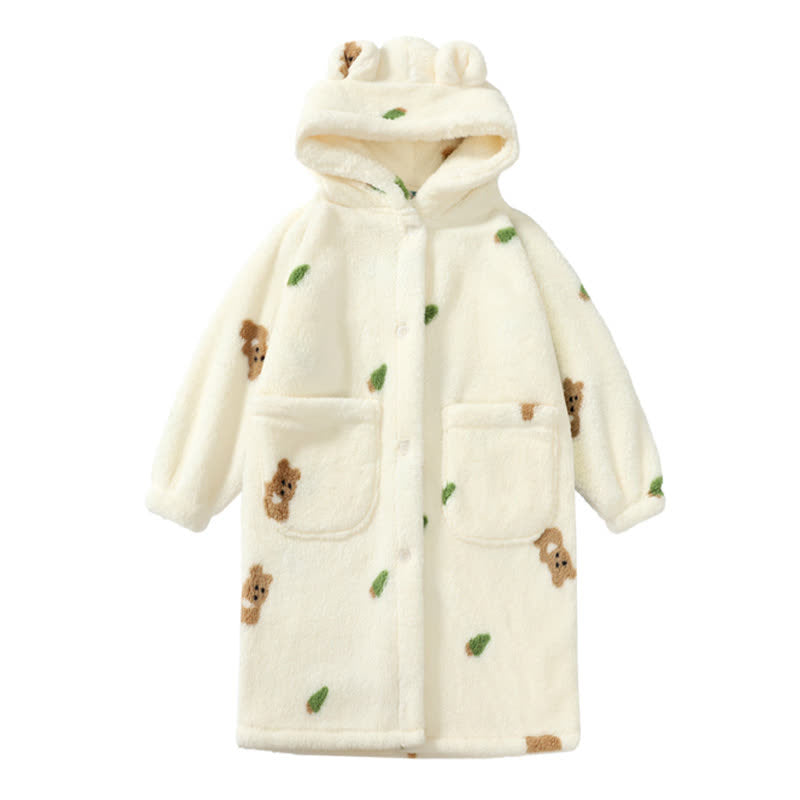 Ownkoti Bear Ear Hooded Button Plush Child Robe - White - Child:160-170cm - image 7