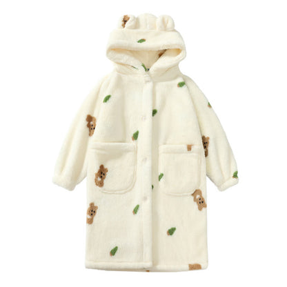 Ownkoti Bear Ear Hooded Button Plush Child Robe - White - Child:160-170cm - image 7