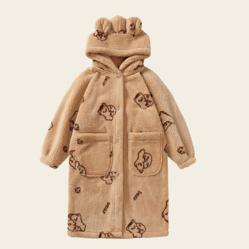 Ownkoti Bear Ear Hooded Button Plush Child Robe - Khaki - Child:160-170cm - image 5