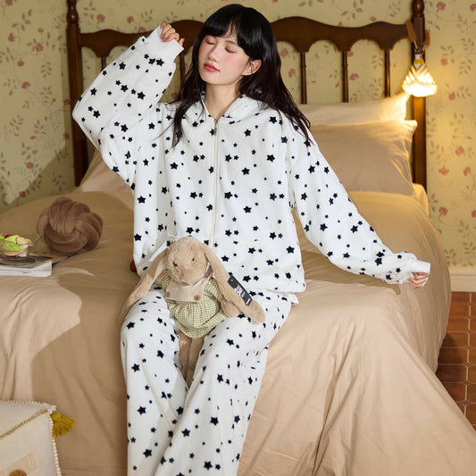 Bunny-Ear Hooded Zip-up Plush Loungewear Set - White - 2XL - image 0