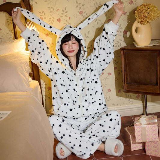 Ownkoti Bunny-Ear Hooded Zip-up Plush Loungewear Set - White - 2XL - image 0